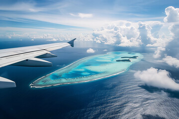 Passenger plane wing view during an approach over a tropical island