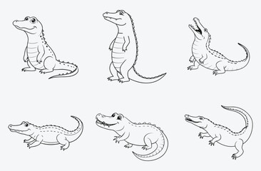 Majestic Crocodile Line Art Set Vector, Intricate Designs for Creative Projects