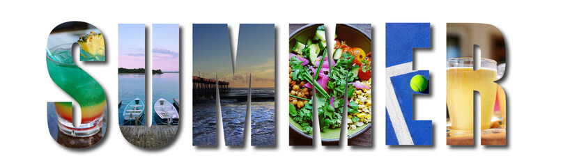 Summer banner text collage isolated on white with various images relating to summer fun, vacation...
