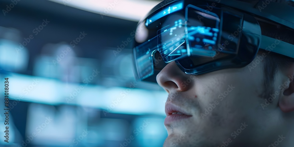 Poster man with glasses uses futuristic augmented reality technology to view holographic car interface. con