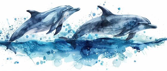 Two dolphins leap from the water in a watercolor painting.