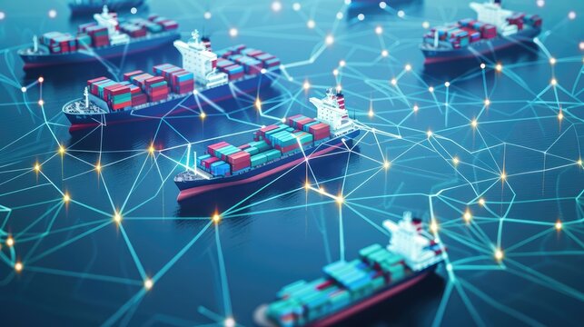 Network diagram with container ships as nodes, global logistics concept, network, maritime trade routes