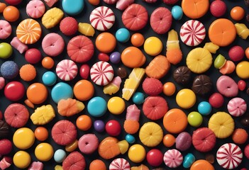 Fototapeta premium Large amount of assorted colorful candies and sweets on a side of a monochrome background, spiral lollipops and candies, fruit shaped candies, hard, soft candies, moue, caramel, chocolates, drawing