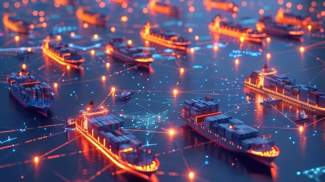 Network visualization with container ships and glowing nodes, emphasizing global connections, network, shipping industry