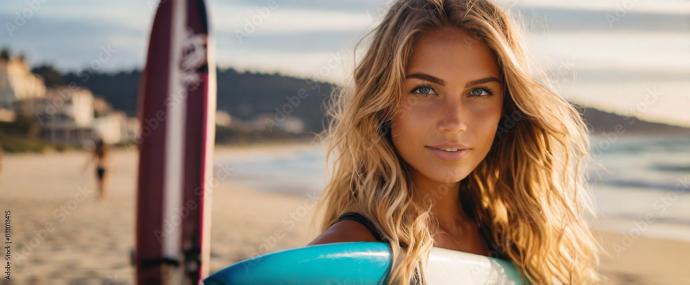 Sticker portrait of beautiful blonde surfer girl on the beach