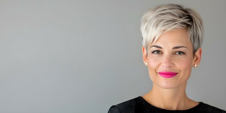 Portrait of a Caucasian woman with short blonde pixie cut and pink lipstick. Concept Portrait Photography, Blonde Pixie Cut, Pink Lipstick, Caucasian, Woman
