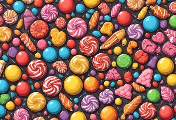 Fototapeta premium Large amount of assorted colorful candies and sweets on a side of a monochrome background, spiral lollipops and candies, fruit shaped candies, hard, soft candies, moue, caramel, chocolates, drawing