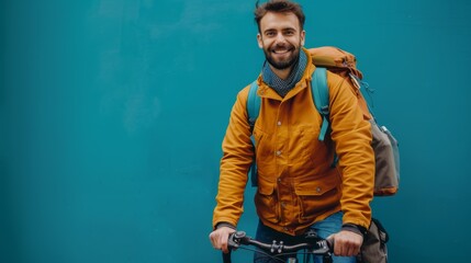 Portrait of Caucasian smiling courier 20-29 years old on bicycle with big backpack on shoulders looking at camera, copyspace