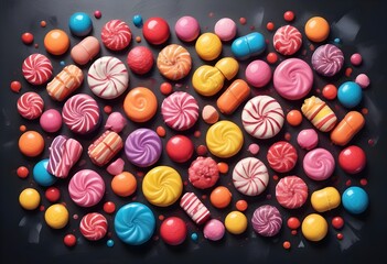Fototapeta premium Large amount of assorted colorful candies and sweets on a side of a monochrome background, spiral lollipops and candies, fruit shaped candies, hard, soft candies, moue, caramel, chocolates, drawing