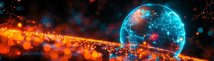 Obraz premium Abstract digital art of a glowing blue globe over a blurred background of red and yellow lights.