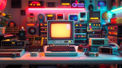 A retro computer setup with glowing neon lights and vintage electronics.