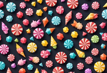 Large amount of assorted colorful candies and sweets on a side of  a monochrome background, spiral lollipops and candies, fruit shaped candies, hard, soft candies, moue, caramel, chocolates, drawing