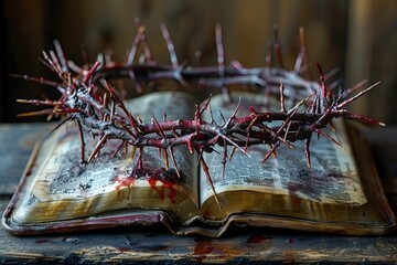 Crown of thorns on holy book.