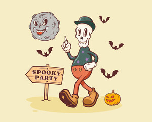 Halloween Groovy Skeleton Retro Character. Cartoon Scull Walking by a Pumpkin to Spooky Party under Evil Moon. Vector Autumn Holiday Mascot Template. Happy Vintage Cool Illustration Isolated