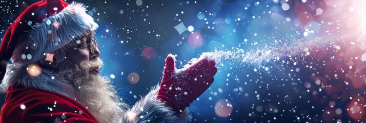 Santa Claus blowing snowflakes in magical winter scene with festive bokeh lights