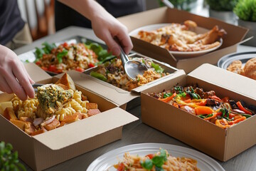 Person placing a variety of dishes on a table, highlighting a catered meal from takeout boxes. Concept of convenience, festive dining, and social gatherings