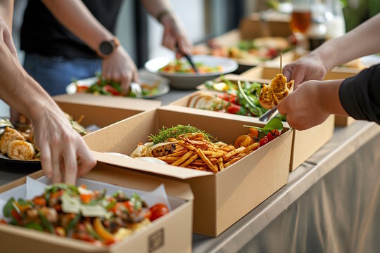 People serving various dishes from takeout boxes, showcasing a catered meal. Concept of convenience, festive gatherings, and culinary enjoyment