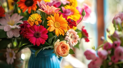 Assorted Flowers with Vase in Background