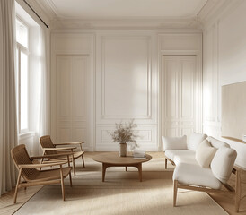 Fototapeta premium Stylish living room interior with wooden armchairs 