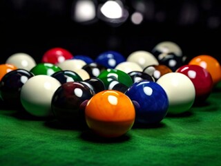 Close-up of pool balls on a green felt table.
AI generated.