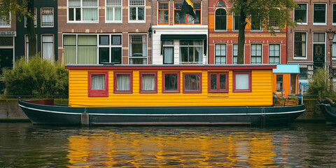 Vibrant Yellow Houseboat Docked Along Historical Canal