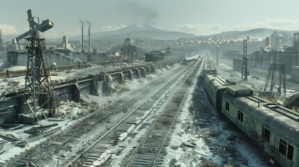 Fototapeta premium A desolate railway yard covered in snow with abandoned trains and industrial structures in a winter landscape