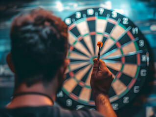 Man playing darts, holding dart and aiming at dartboard, shot from back, hobbies and leisure, sport background, lifestyle