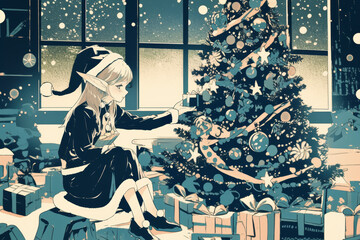 Anime Elf Decorating Christmas Tree in Festive Room With Gifts and Snowfall Outside
