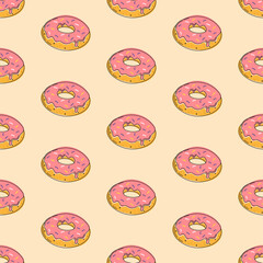 donut seamless pattern, food flat illustration, cartoon hand drawn style