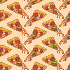 pizza seamless pattern, food flat illustration, cartoon hand drawn style