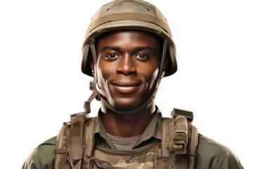 Smiling afro american soldier on transparent background. Smiling african soldier isolated on transparent background png cutouts. Army World. American army. Image for graphic designer. Africa.