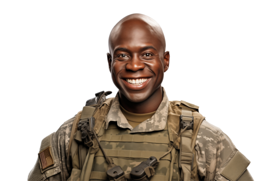 Smiling afro american soldier on transparent background. Smiling african soldier isolated on transparent background png cutouts. Army World. American army. Image for graphic designer. Africa.
