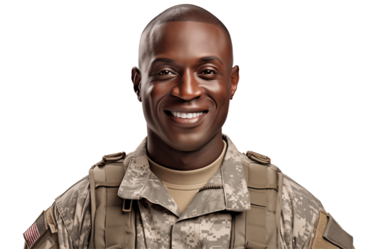 Smiling afro american soldier on transparent background. Smiling african soldier isolated on transparent background png cutouts. Army World. American army. Image for graphic designer. Africa.