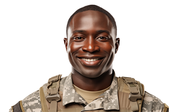 Smiling afro american soldier on transparent background. Smiling african soldier isolated on transparent background png cutouts. Army World. American army. Image for graphic designer. Africa.