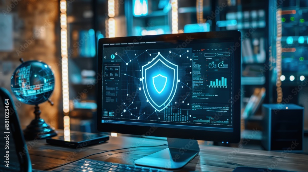Poster a computer monitor displays shield showing. concept of security and protection
