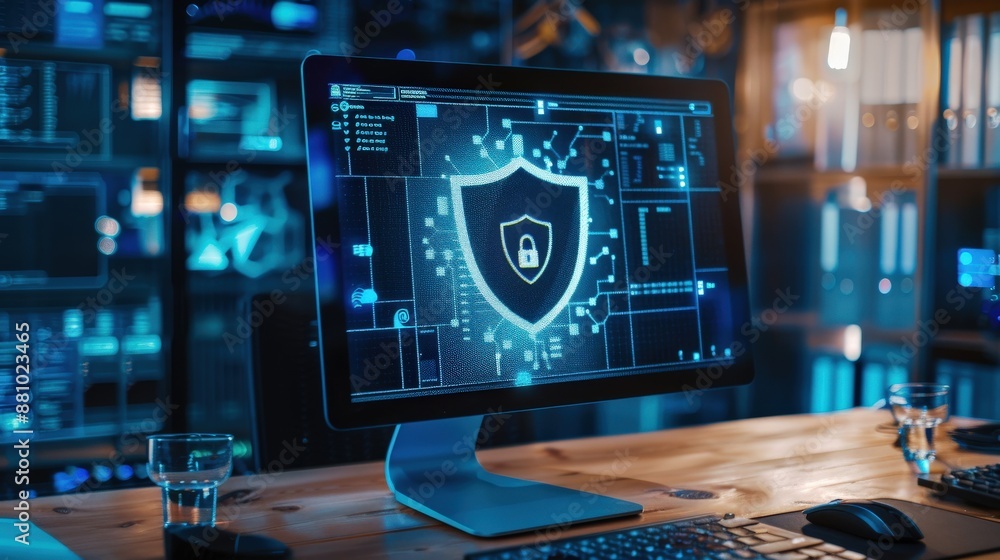 Poster a computer monitor displays shield showing. concept of security and protection