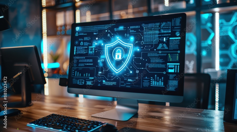 Aufkleber a computer monitor displays shield showing. concept of security and protection