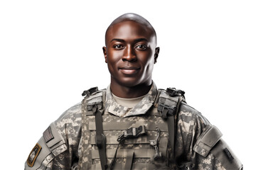 Smiling afro american soldier on transparent background. Smiling african soldier isolated on transparent background png cutouts. Army World. American army. Image for graphic designer. Africa.