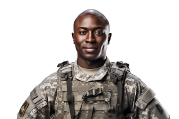 Smiling afro american soldier on transparent background. Smiling african soldier isolated on transparent background png cutouts. Army World. American army. Image for graphic designer. Africa.