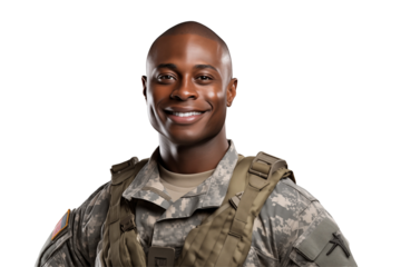 Smiling afro american soldier on transparent background. Smiling african soldier isolated on transparent background png cutouts. Army World. American army. Image for graphic designer. Africa.