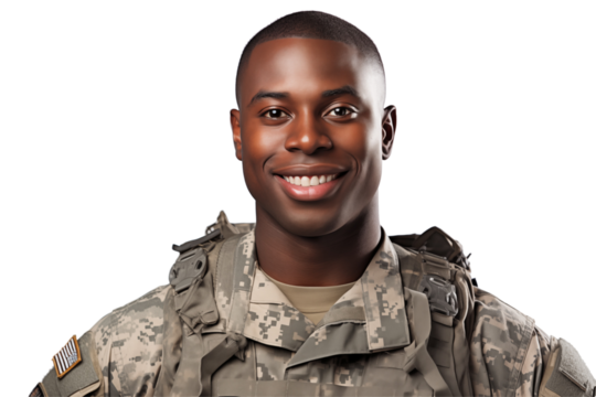 Smiling afro american soldier on transparent background. Smiling african soldier isolated on transparent background png cutouts. Army World. American army. Image for graphic designer. Africa.