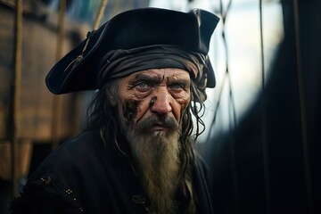 Portrait of a pirate captain on a ship. He is standing in dark clothes and looking at the camera.