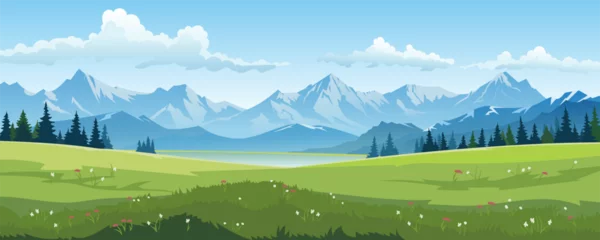 Gardinen Alpine meadows and beautiful mountains, forests and lakes, vector illustration. Panoramic landscape of green fields, amazing mountains on a clear day with gentle clouds in the blue sky. © LoveSan