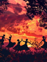 Fototapeta premium A vibrant autumn sunset with orange and pink hues in the sky. In the foreground, silhouettes of women dancing in stylish dresses, creating an atmosphere of fashion and fun.