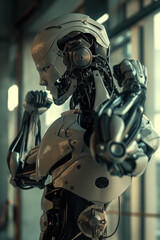 Fototapeta premium Futuristic Robot Flexing Muscles in Industrial Setting
