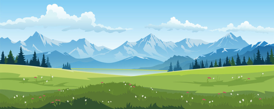 Fototapeta Alpine meadows and beautiful mountains, forests and lakes, vector illustration. Panoramic landscape of green fields, amazing mountains on a clear day with gentle clouds in the blue sky.