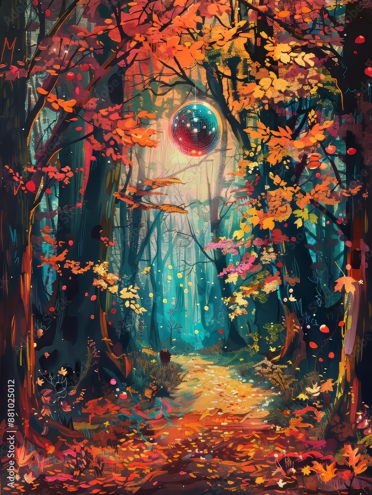 Poster draw an autumn forest with trees covered in multicolored leaves and add a disco ball hanging among t