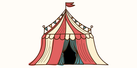 Colorful Doodle Circus tent with flag editable stroke. Vector hand drawn illustration in brown, yellow, red, blue colors. Isolated on beige background. One from Circus carnival collection	
