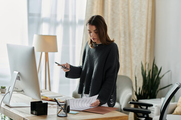 A young woman in a grey sweater stands at her desk, working on her computer and phone. © LIGHTFIELD STUDIOS