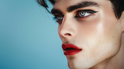 Fototapeta premium A man's face is shown in close-up, looking off to the side, with his hair obscuring most of his forehead. He is wearing red lipstick and has a strong, dramatic eye look.